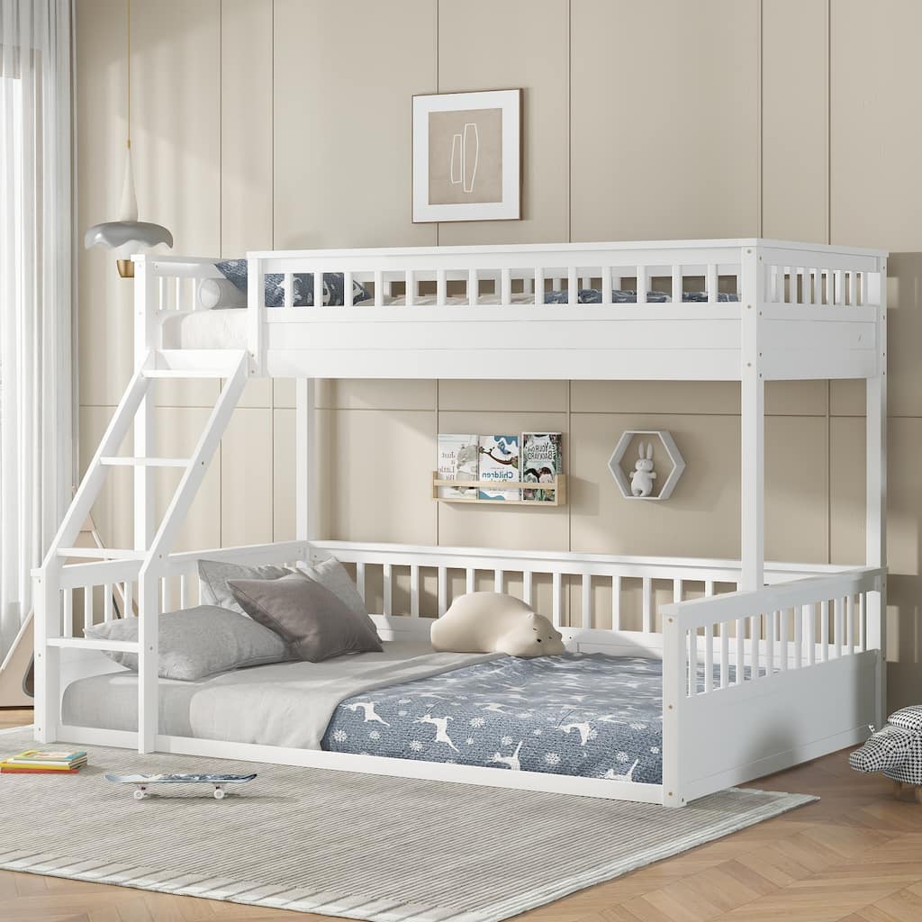 Roomfitters Twin XL over Queen Bunk Bed with Ladder and Safety Guardrails, Space-Saving Wood Frame, White