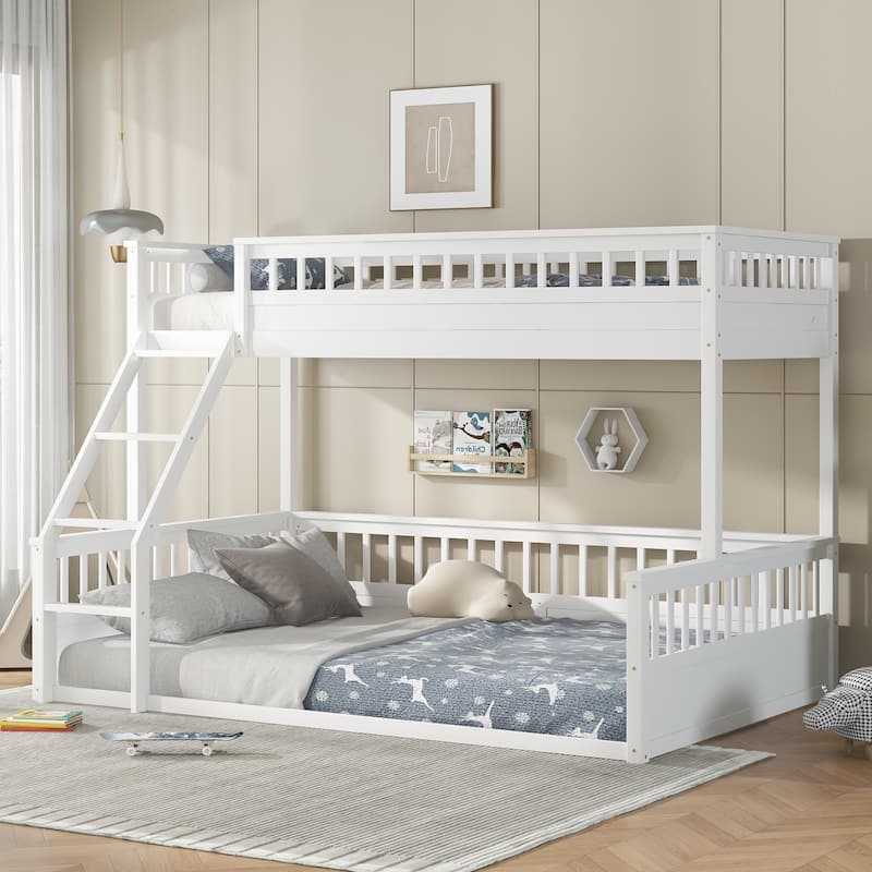 Twin XL over Queen Bunk Bed with Ladder and Guardrails, White - White