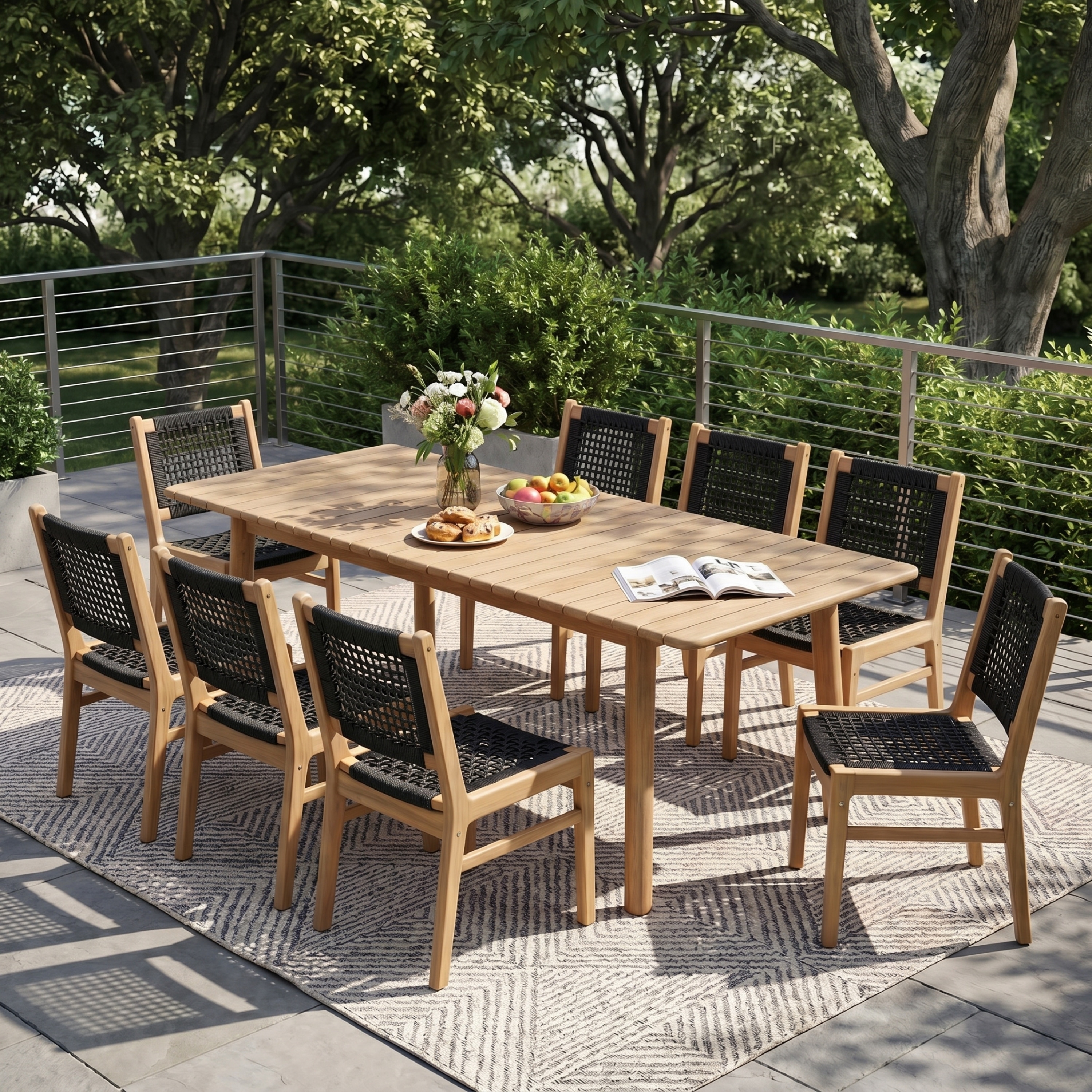 Christopher Knight Home - Elan 9-Piece Outdoor Dining Set, Expandable Acacia Wood Slatted Table & Handwoven Wicker Dining Chairs