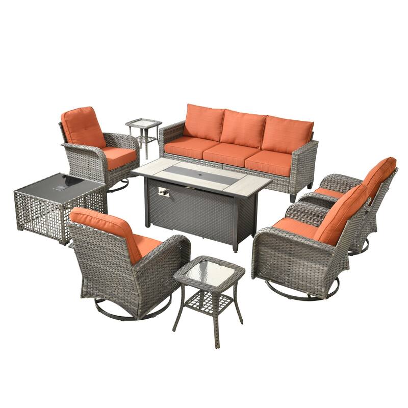 HOOOWOOO 9-piece Grey Wicker Outdoor Fire pit Set with Swivel Chairs