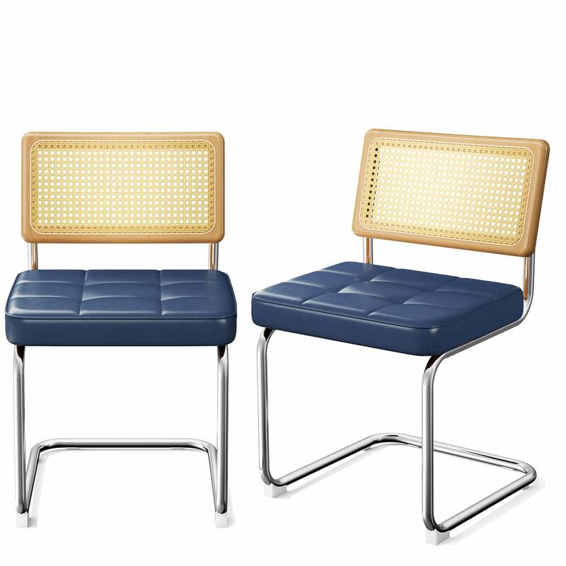 Mid-Century Modern Chairs Set - Faux Leather & Rattan - Blue - Set of 2