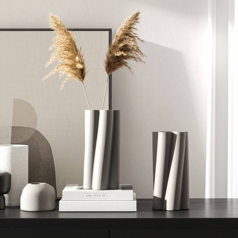 Porcelain Vase Sculptural Vertical Wave Design with Curved Silhouette