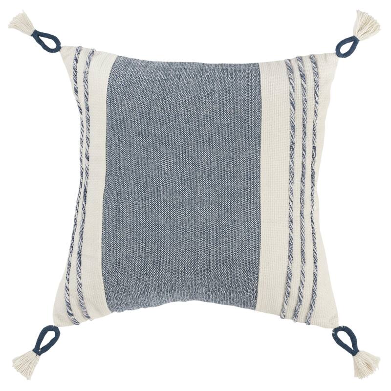 Rizzy Home Woven Striped Square Throw Pillow with Tassels - Down Alternative - Blue/White