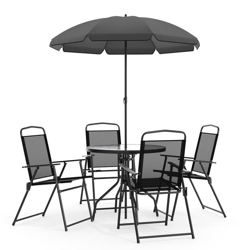 Nantucket 6 Piece Patio Garden Set with Table, Umbrella and 4 Folding Chairs - Black