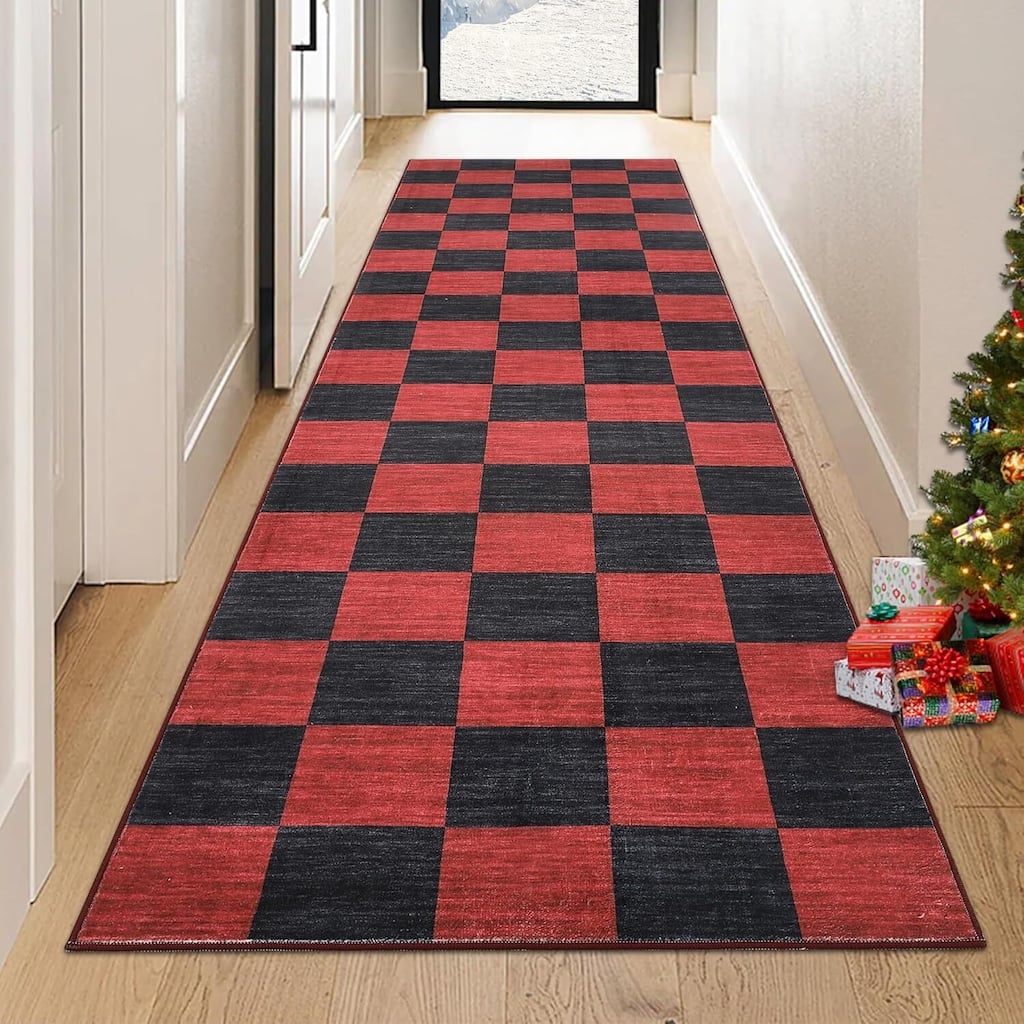 Grid Pattern Washable Christmas Area Rug Indoor Floor Cover for Xmas Holiday Decoration, Red+Black