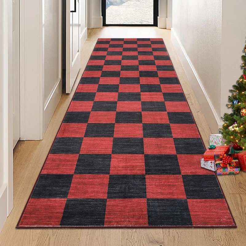 Grid Pattern Washable Christmas Area Rug Indoor Floor Cover for Xmas Holiday Decoration, Red+Black - 2*6ft