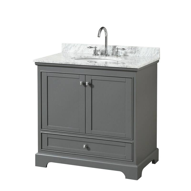Wyndham Collection Deborah 36" Free Standing Single Vanity Set with - Dark Gray / White Carrara Marble Top / Polished - Steel Finish