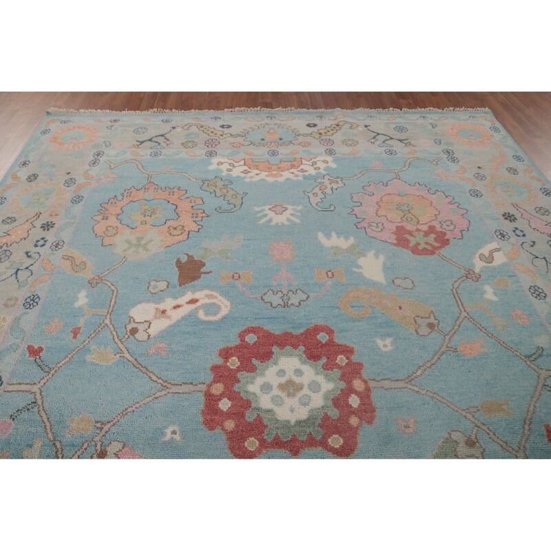 Light Blue Floral Oushak Oriental Area Rug Hand-Knotted Wool Carpet - 8'11" x 11'8"