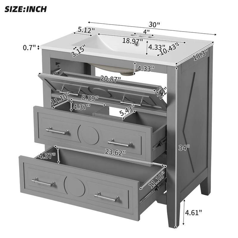 Freestanding Single Vanity Set, Solid Wood Bathroom Storage Cabinet, Bathroom Vanity with Ceramic Sink & 3 Drawers