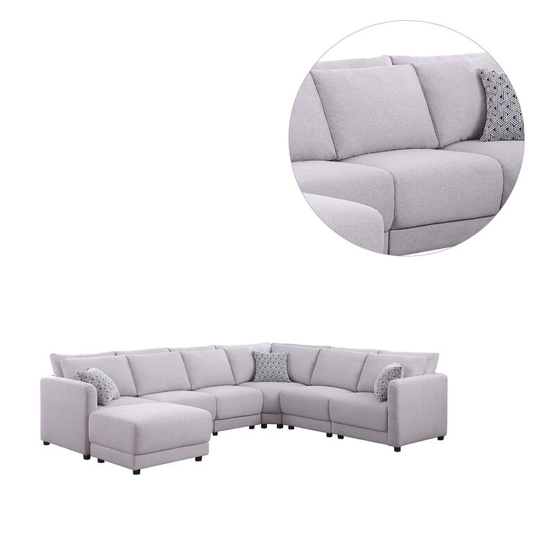 7 Piece Upholstered Modular Sectional Sofa with Ottoman in Light Gray