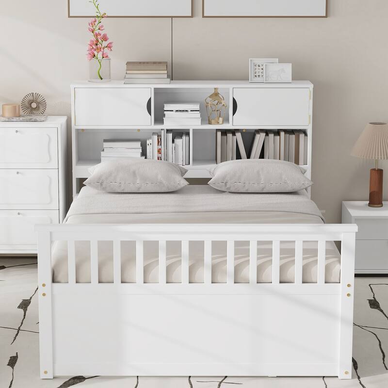 Full Size Captain Platform Bed Frame with Storage Bookcases and Shelves