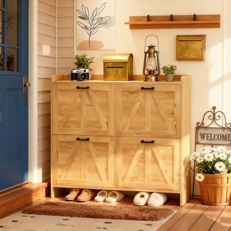 Modern Fence Shoe Cabinet with 4 Flip Drawers, Sleek Space-Saving Entryway Organizer for Living Room