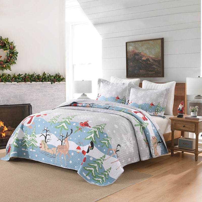 3 Pcs Reversible Christmas Quilt Bedspread Set