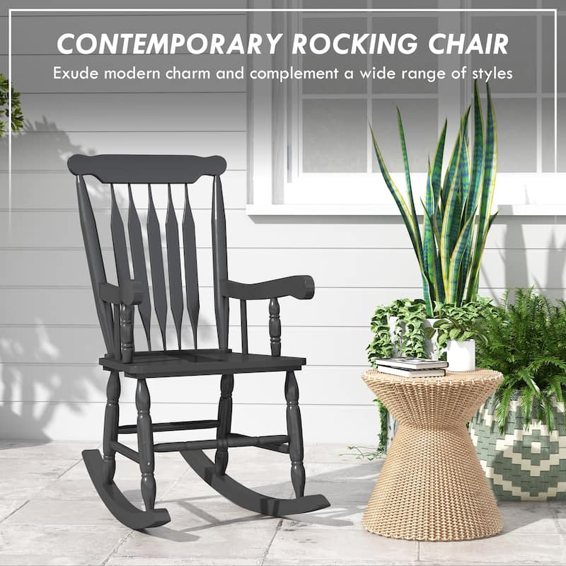 High Back Wood Rocking Chair, All Weather Patio Rocking Chair, 350lbs Weight Capacity for Deck, Porch, Backyard, Garden