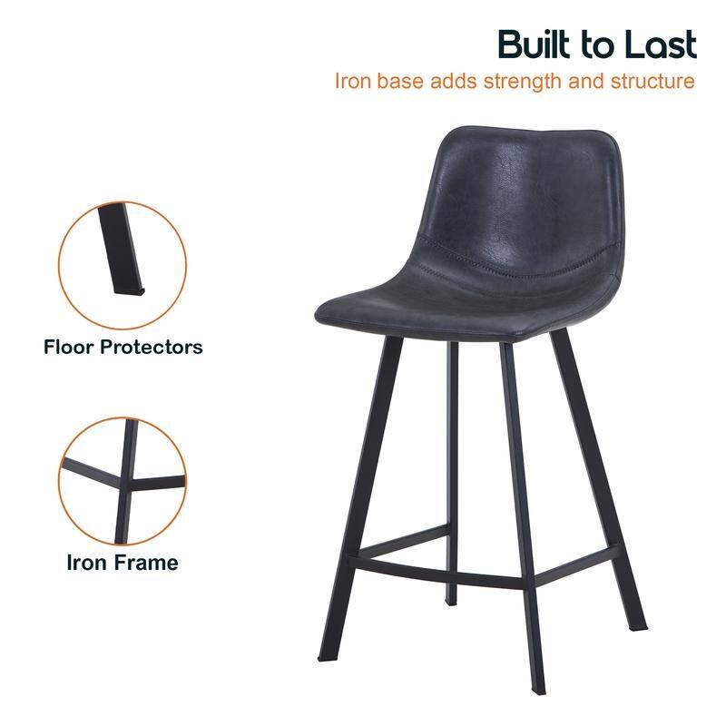 Elland Modern Minimalist Leather Upholstered Bar Stool with Accent Black Metal Base and Back Support for Home Bar or Kitchen