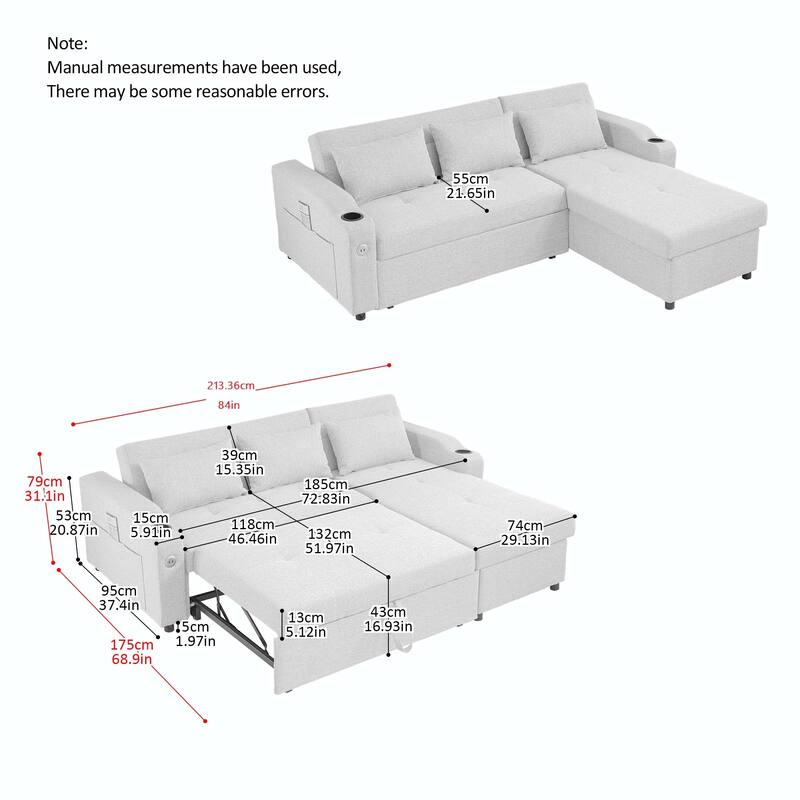 84" 3 in 1 Linen Sleeper with USB Ports and Cup Holders