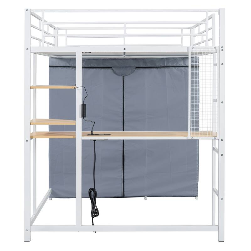 Full Size Metal Loft Bed with Built-in Desk, Wardrobe & Power Outlet - 350LB Capacity