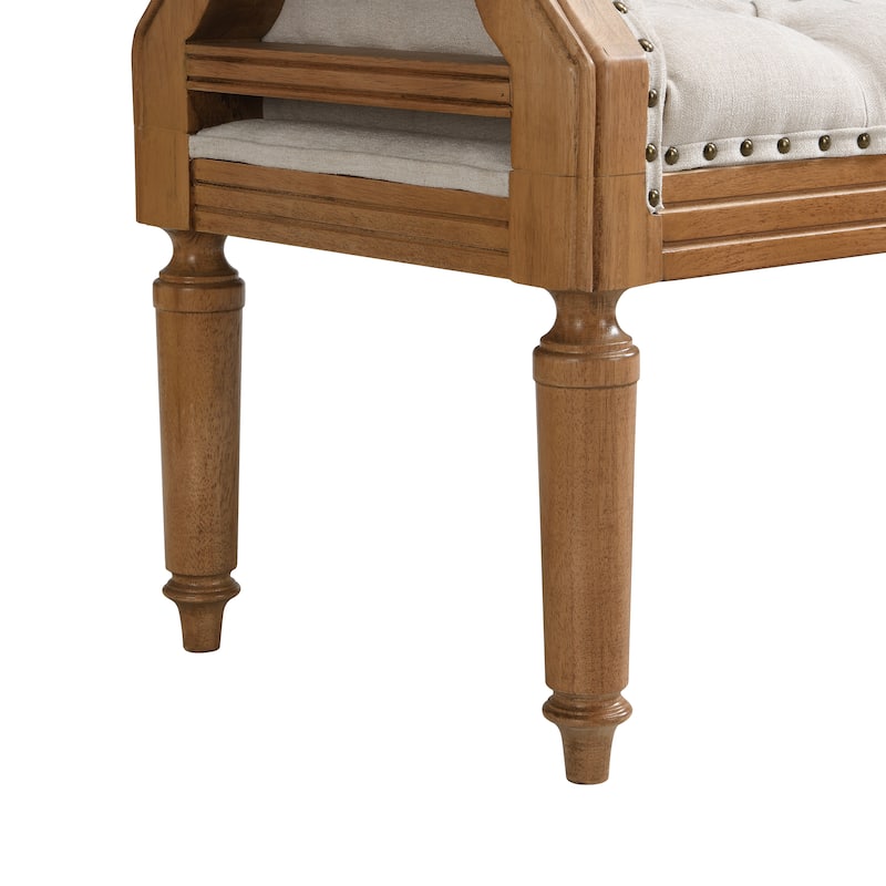 Christopher Knight Home - Mid-Century Solid Rubberwood Upholstered Bench with Rolled Arms, Button-Tufted Cushion & Nailhead Trim