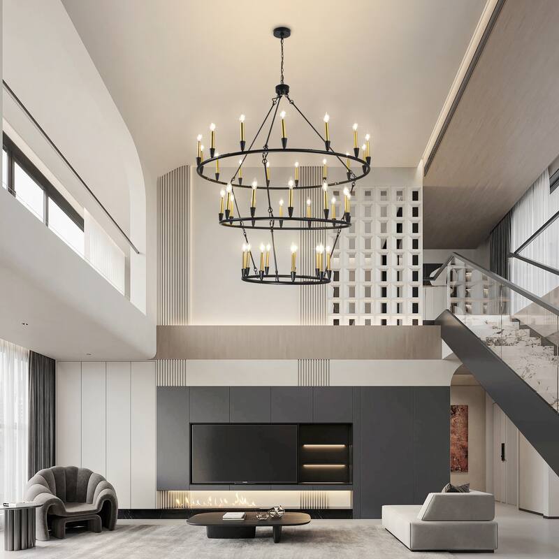 3Tier Wagon Wheel Chandelier Extra Large Chandeliers for High Ceilings - 36-Light