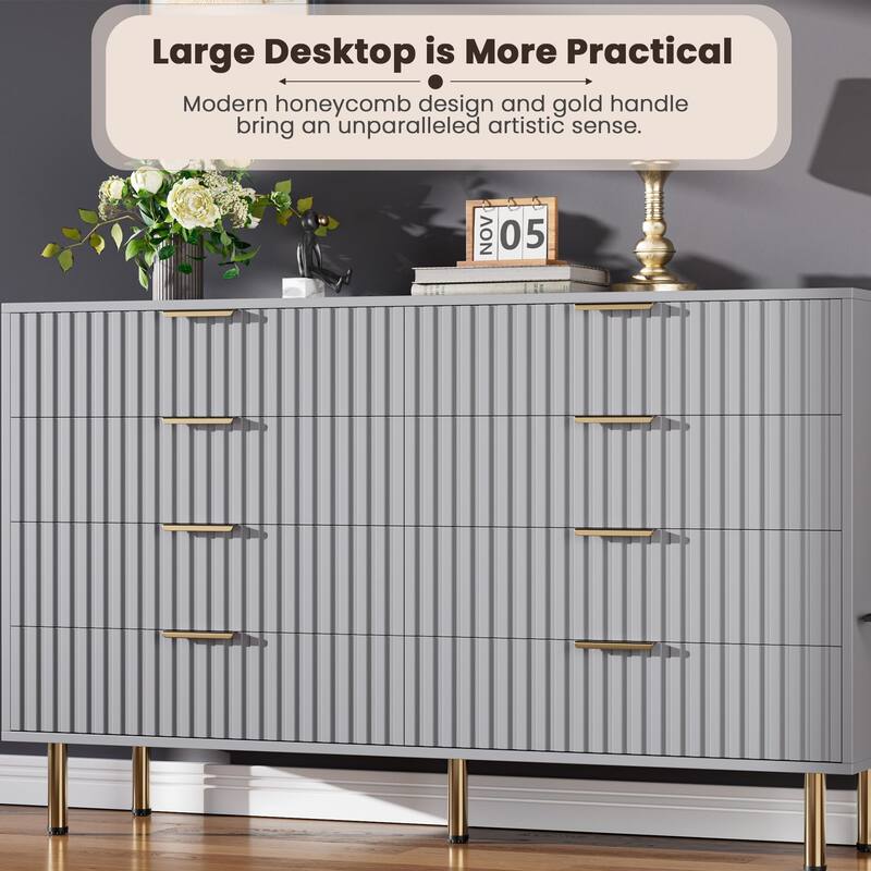 8 Drawer Fluted Dresser for Bedroom, Wide Modern Chest of Drawers, Long Double Dresser