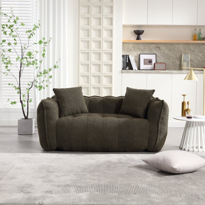 Chenille Bean Bag Sofa w2 Pillows Upholstered Loveseat, Deep Seat Sofa for Living Room Sleeper Recliner Sofa Couch