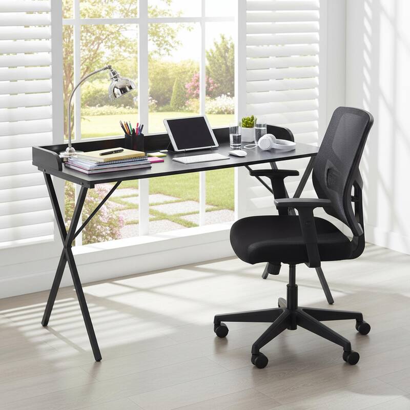 Homylin Modern Metal Frame Writing Desk with Raised Back Shelf, Black