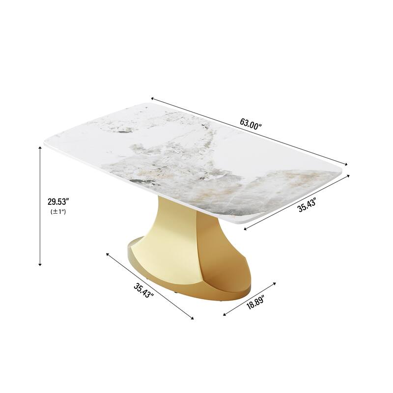 Dining Table for 6~8 Person, Faux Marble Kitchen Dining Table with Gold Pedestal.