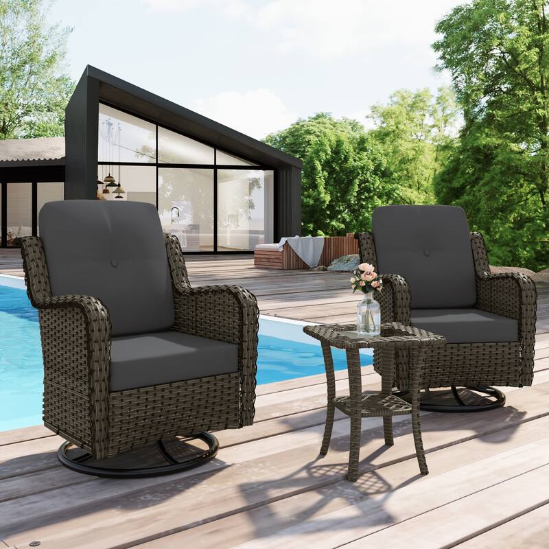 3 Pieces Outdoor Swivel Rocking Chair Patio Bistro Set with Side Table - Dark Grey