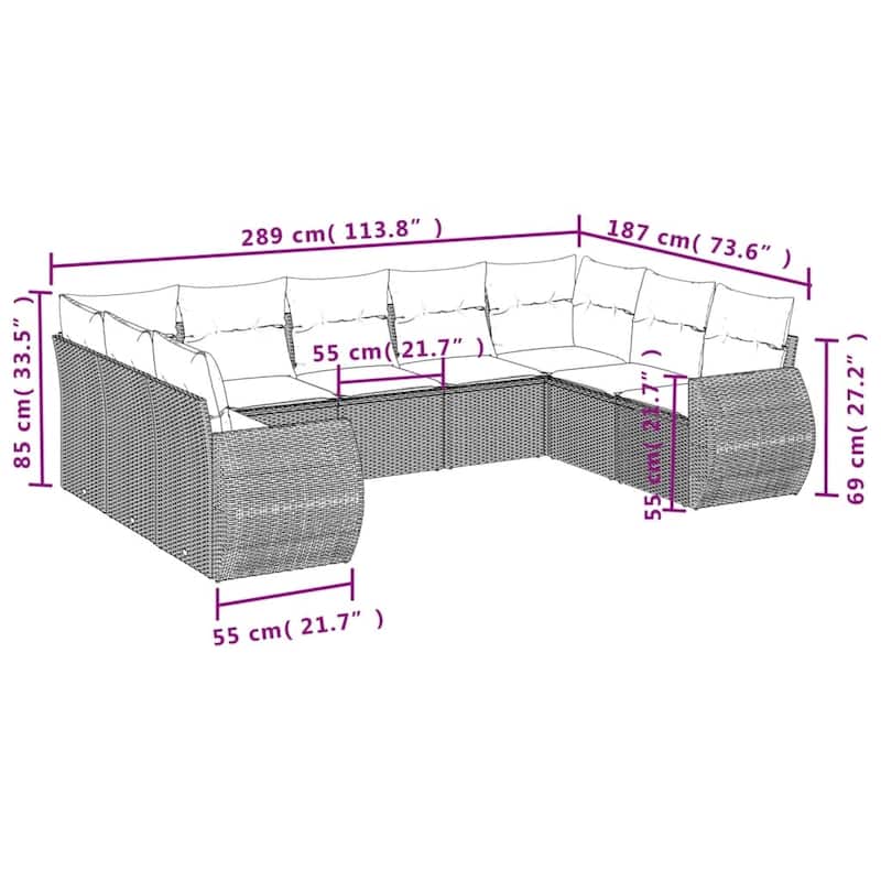 vidaXL 9 Piece Patio Sofa Set with Cushions Grey Poly Rattan - 24.4" x 24.4" x 27.2"