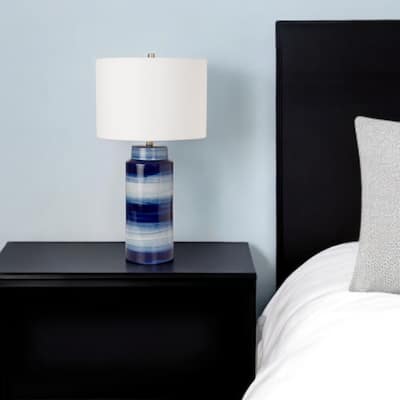 HomeRoots Set of Two 30" Blue and White Ceramic Cylinder Table Lamps With White Drum Shade - 16' X '30' X '16