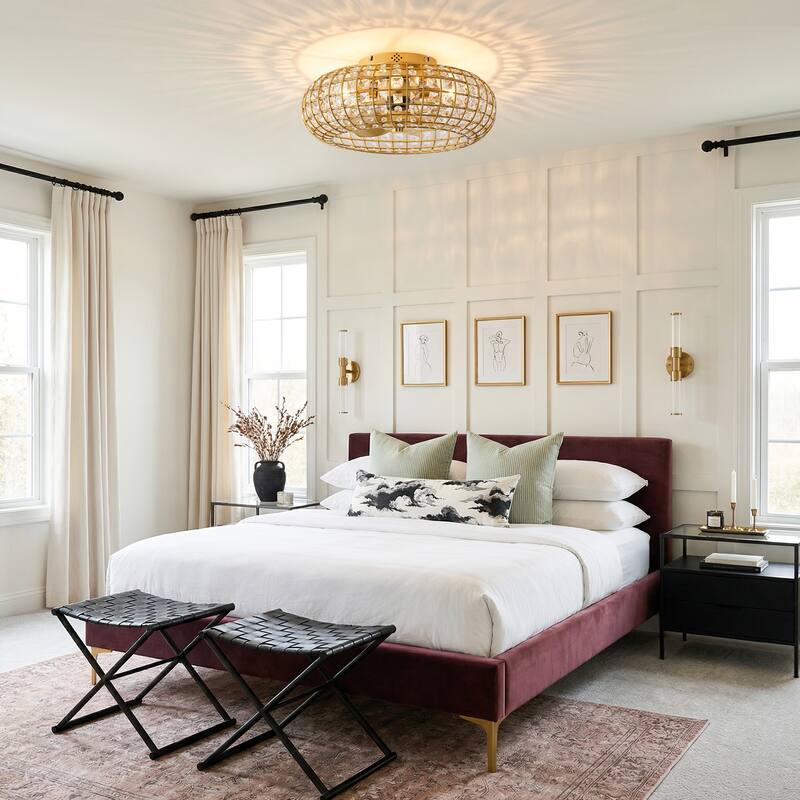 20" Modern Gold Caged 4-Light Crystal Low-Profile Flush Mount Ceiling Fan with Remote