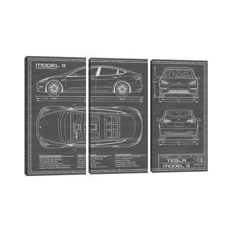 iCanvas "Tesla Model 3 (Performance) In Black" by Action Blueprints 3-Piece Canvas Wall Art Set
