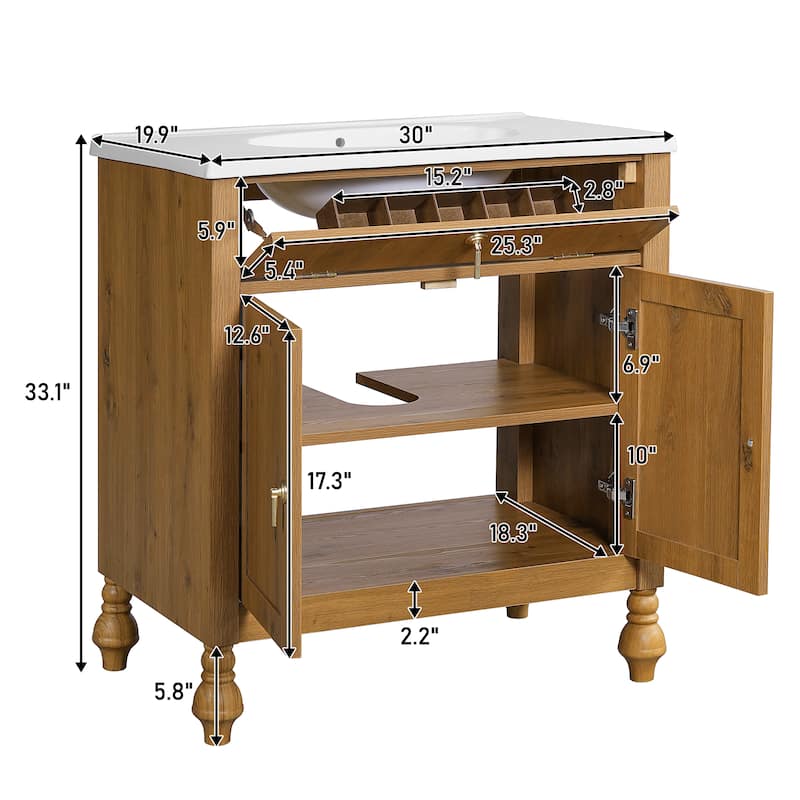 30" Bathroom Vanity with Seashell Resin Sink Flip-Up Storage Soft Close Doors and Solid Wood Legs