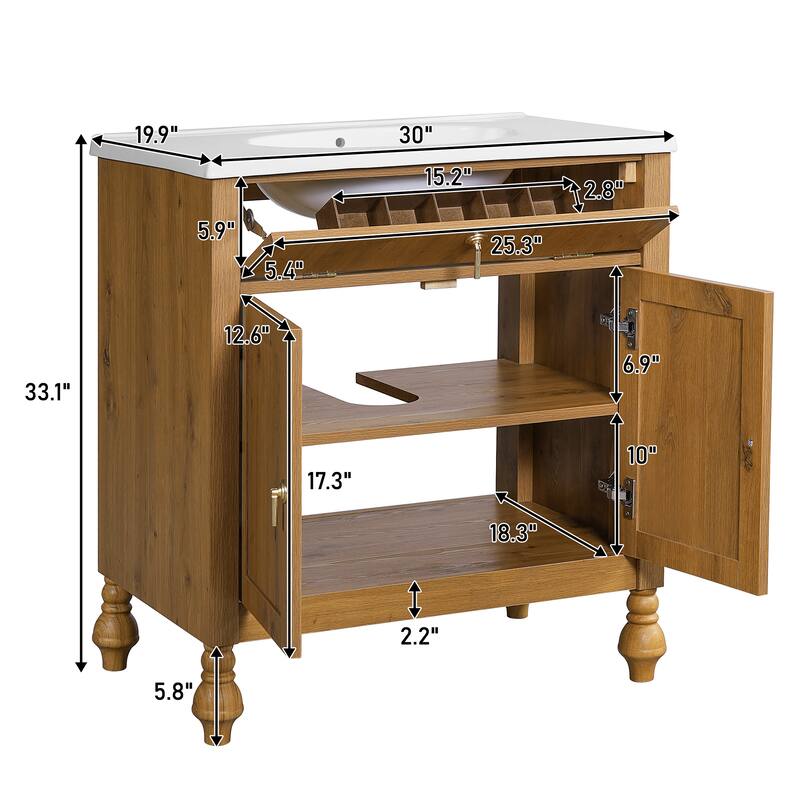 Roomfitters 30" Walnut Bathroom Vanity with Seashell Resin Sink, Flip-Up Storage Organizer and Soft-Close Doors, Brown