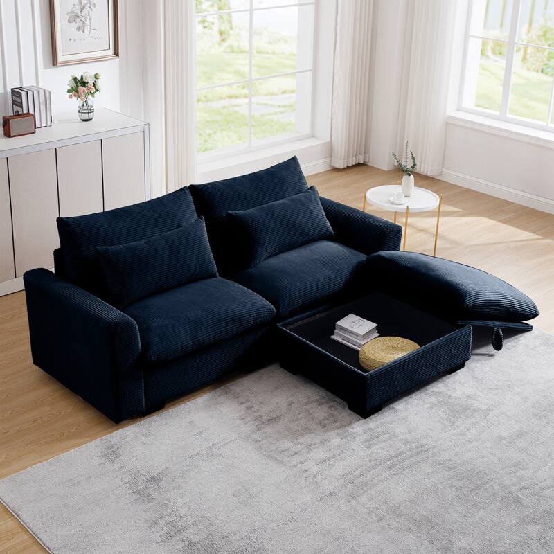 Multifunctional Loveseat Set with Storage Ottoman, Modern Sectional Sofa Corduroy Upholstered Couch with Pillows