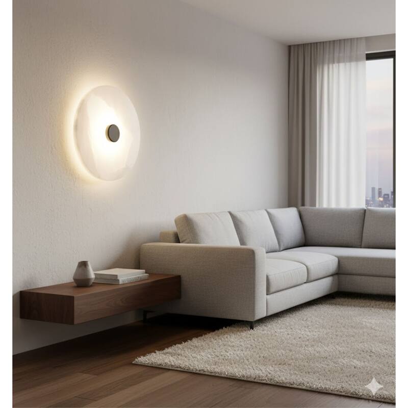 1-Light Satin Black Metal LED Wall Sconce With A Alabaster Shade