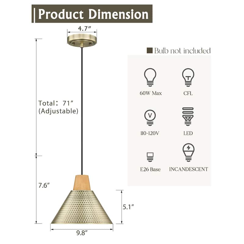 10" Gold Pendant Lights, Hammered Metal Shade - 2 Pack