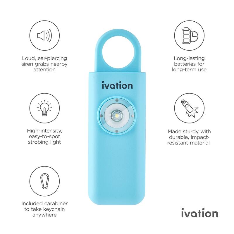 Ivation Personal SOS Keychain Alarm, 125 dB Rechargeable Personal Alarm W/LED Strobe Light - Aqua