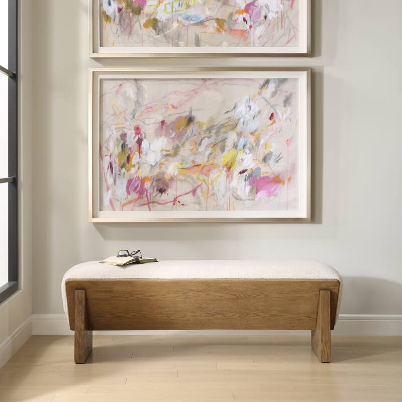 Upholstered Wooden Wedged Bench - 59" - Cream and Brown