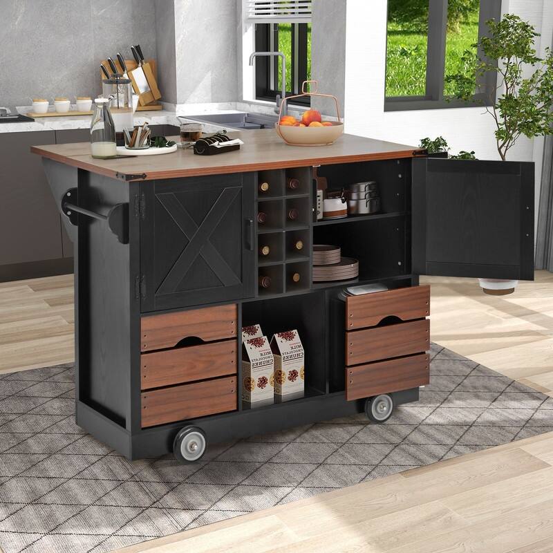 Farmhouse 54" Kitchen Island Cart with Drop Leaf Power Outlet, Rolling Kitchen Island on 4 Large Wheels with Spice Rack