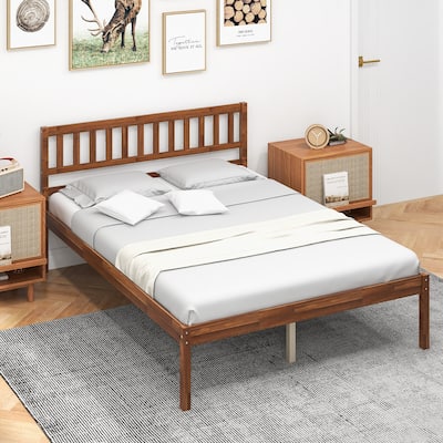 Gymax Twin/Full/Queen Platform Bed with Headboard Solid Wood Leg