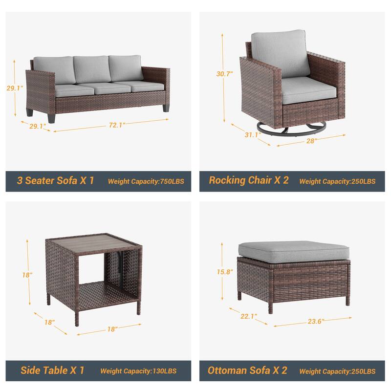 LIVOOSUN Patio 6Pcs Furniture Conversation Gray Rattan Swivel Rocking Sofa Set