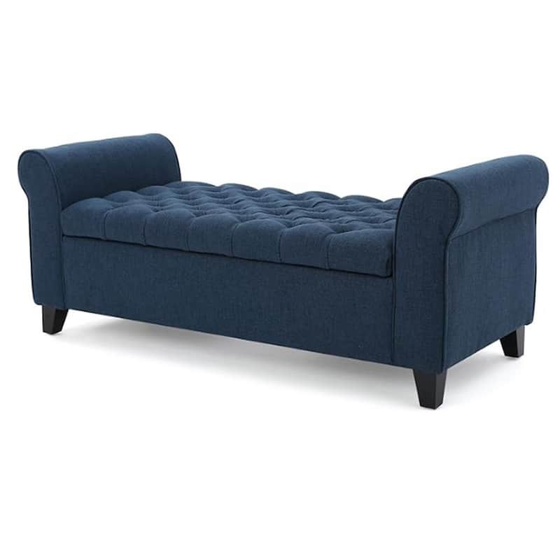 Shawn Storage Bench with Rolled Arms, 50 Inch Button Tufted, Dark Blue