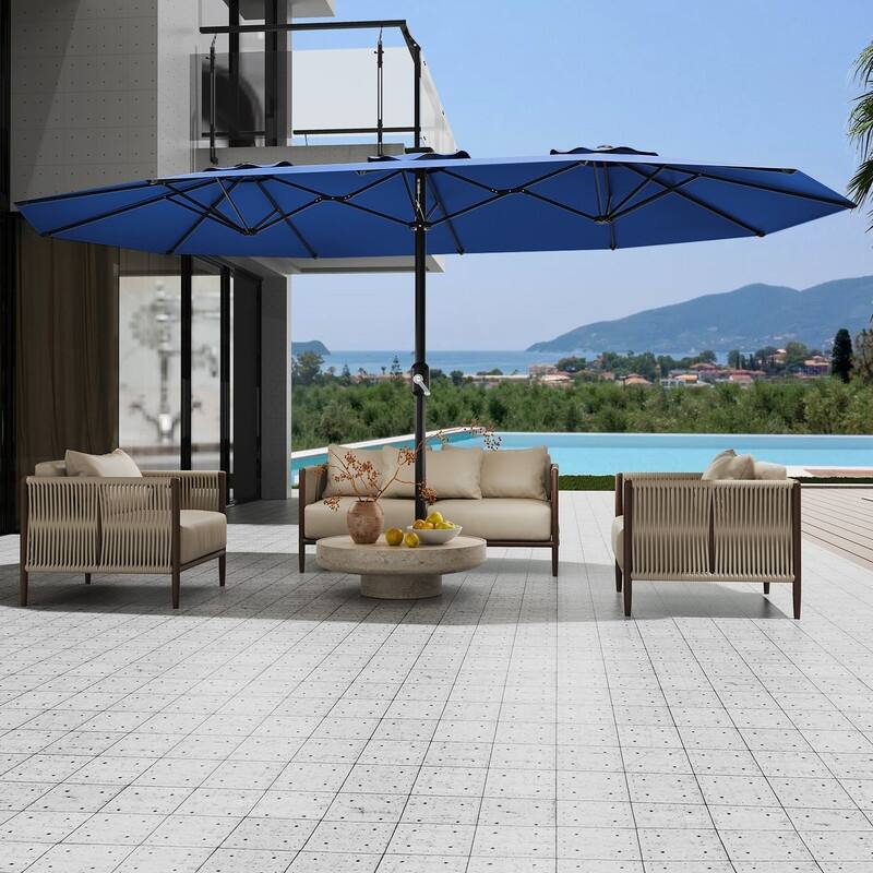 15ft Large Patio Umbrella with Base, Outdoor Double-Sided Market Umbrella with Crank Handle