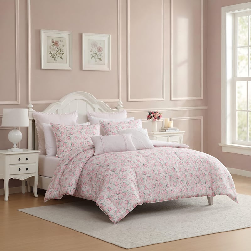 Laura Ashley Pamela's Posies Floral Reversible Stripe Breathable Cotton Comforter Set (Pink)