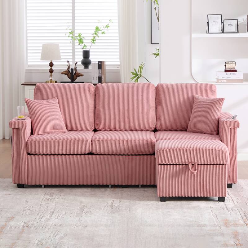 HOMEFUN Corduroy Upholstered L-shaped Pull-Out Storage Sectional Sofa with Storage Ottoman,USB Charging,Cup Holder - Pink