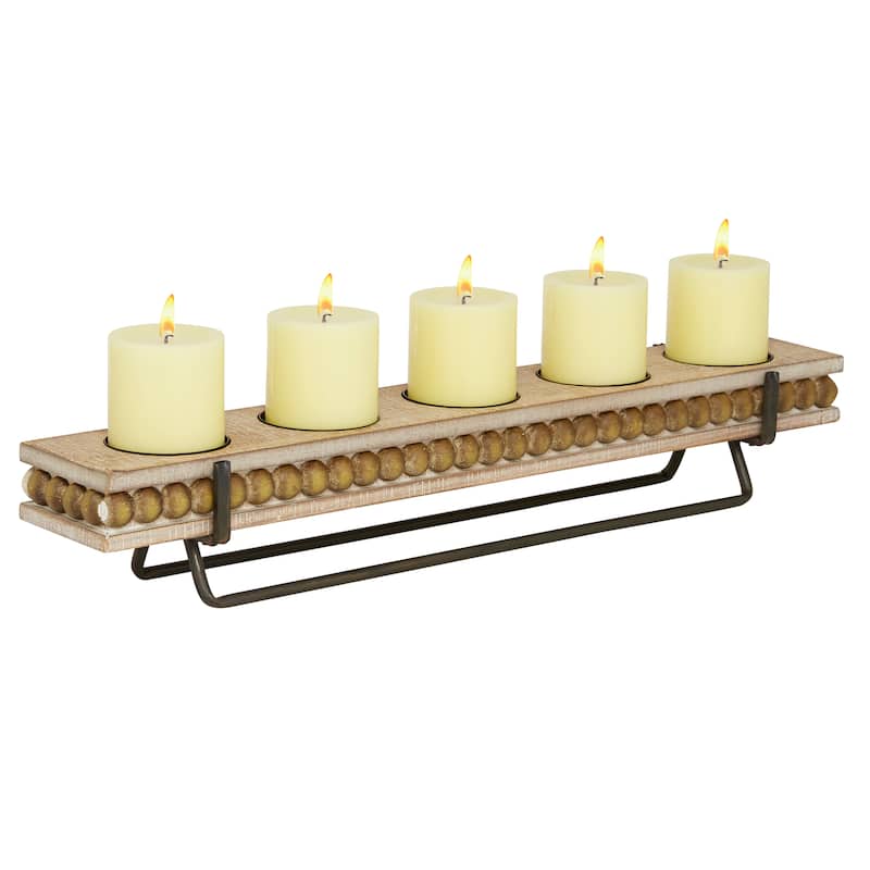 Wooden Beaded Pillar 5 Plate Candelabra - Brown - Roche River Decor - 5"W x 24"L x 4"H
