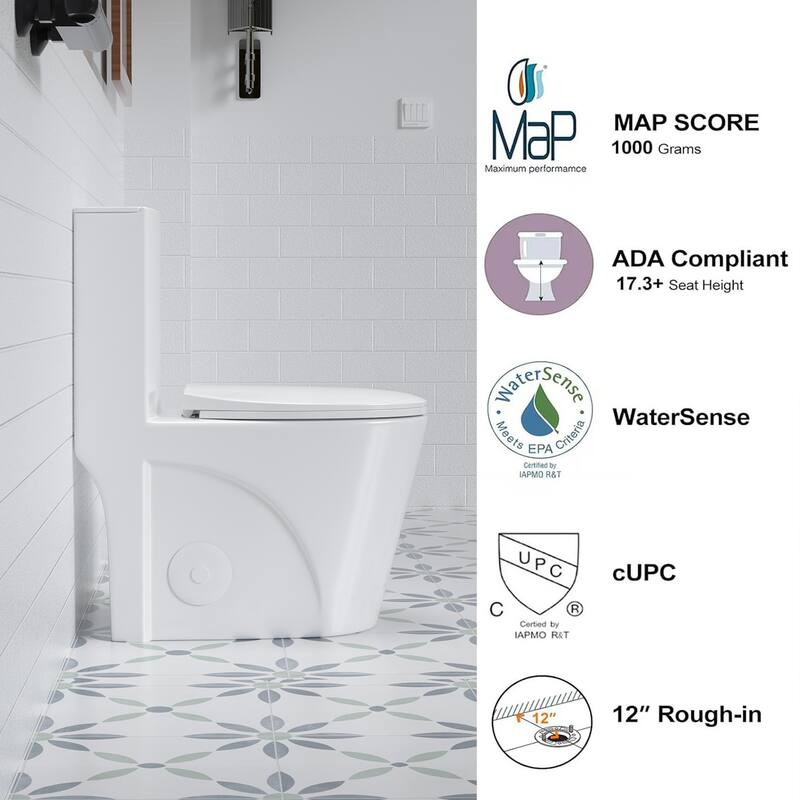 Anmytek One Piece Elongated Toilet Tornado Dual Flush MAP 1000g ADA 17 Inch Soft Close Seat 1.1/1.6 GPF 12 Inch S Trap