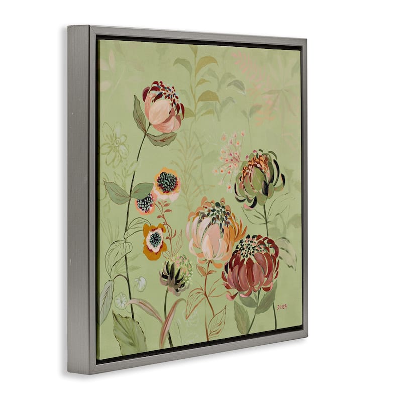 Stupell Curled Chrysanthemums on Green Framed Floater Canvas Wall Art Design By Dusza