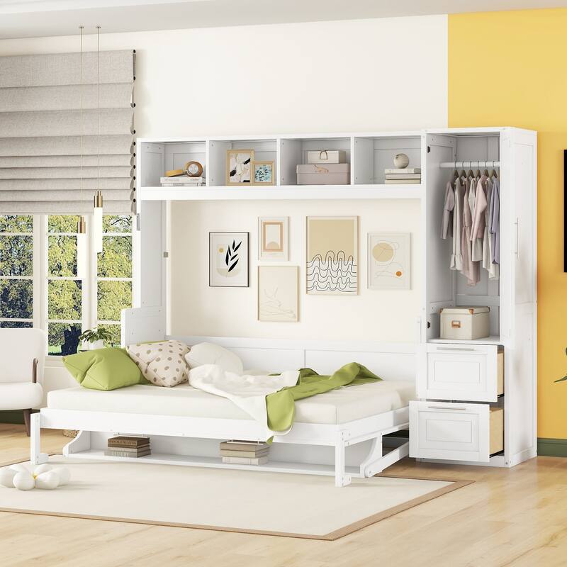Queen Size Wall Murphy Bed with Open Shelves, Closet and Drawers
